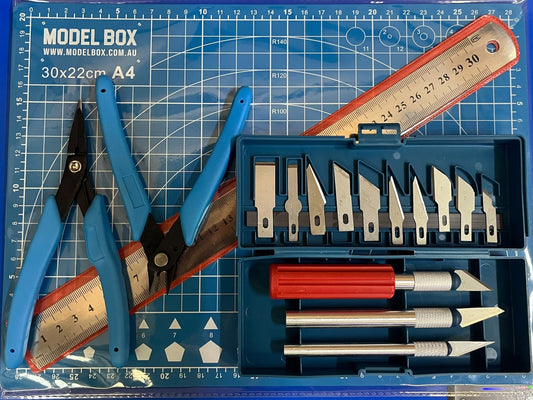 Hobby Tool Set #1- Sprue Cutters, Fine Needle Plyers, Steel Ruler, Scalpels & Cutting Mat